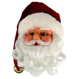 6" Santa Head Small Christmas Tree Topper Plush Beard Vinyl Face Bell VTG